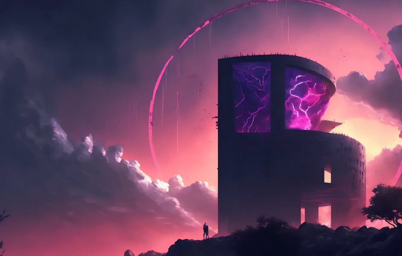 Photo wallpaper the sky, clouds, fiction, people, building, AI art