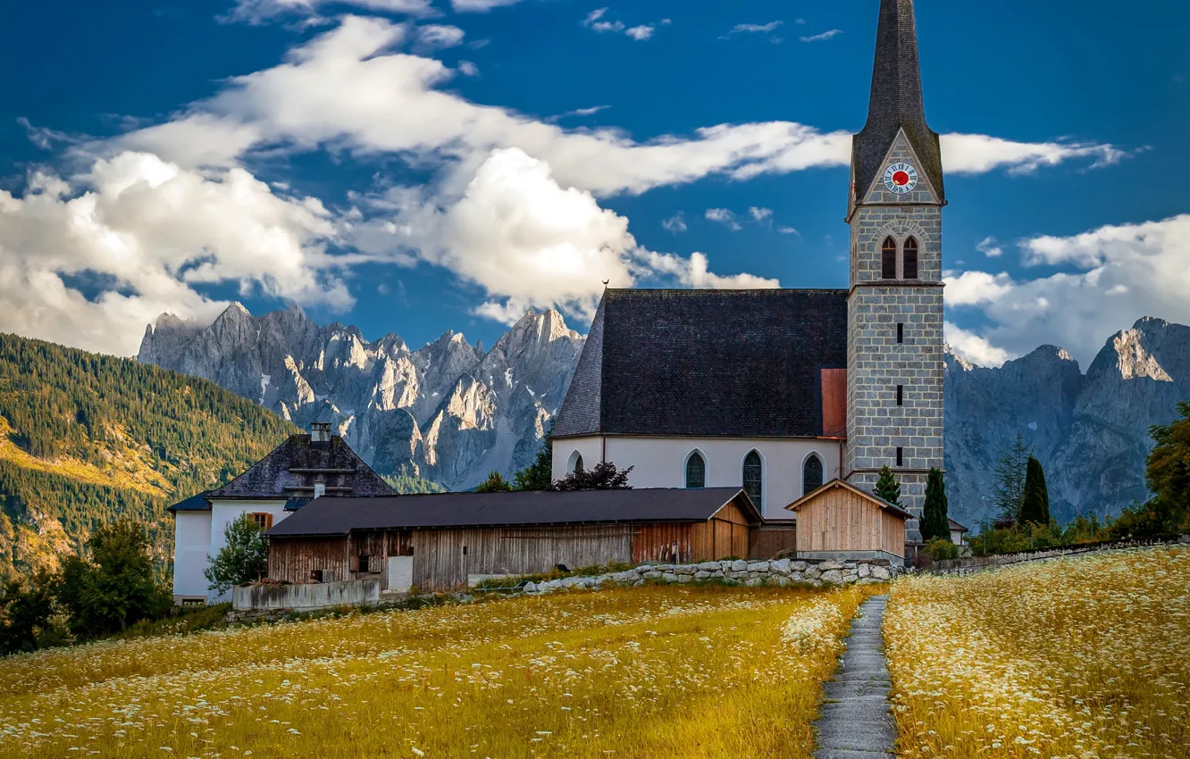 Photo wallpaper clouds, landscape, mountains, nature, Austria, Alps, track, Church
