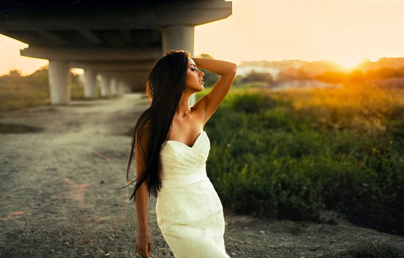Photo wallpaper girl, summer, white, dress, view, sun, hair, Darina