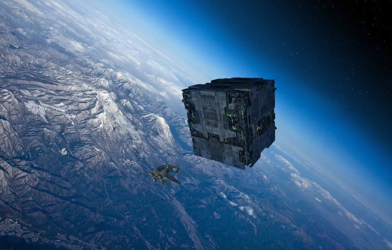 Photo wallpaper space, ship, planet, cube