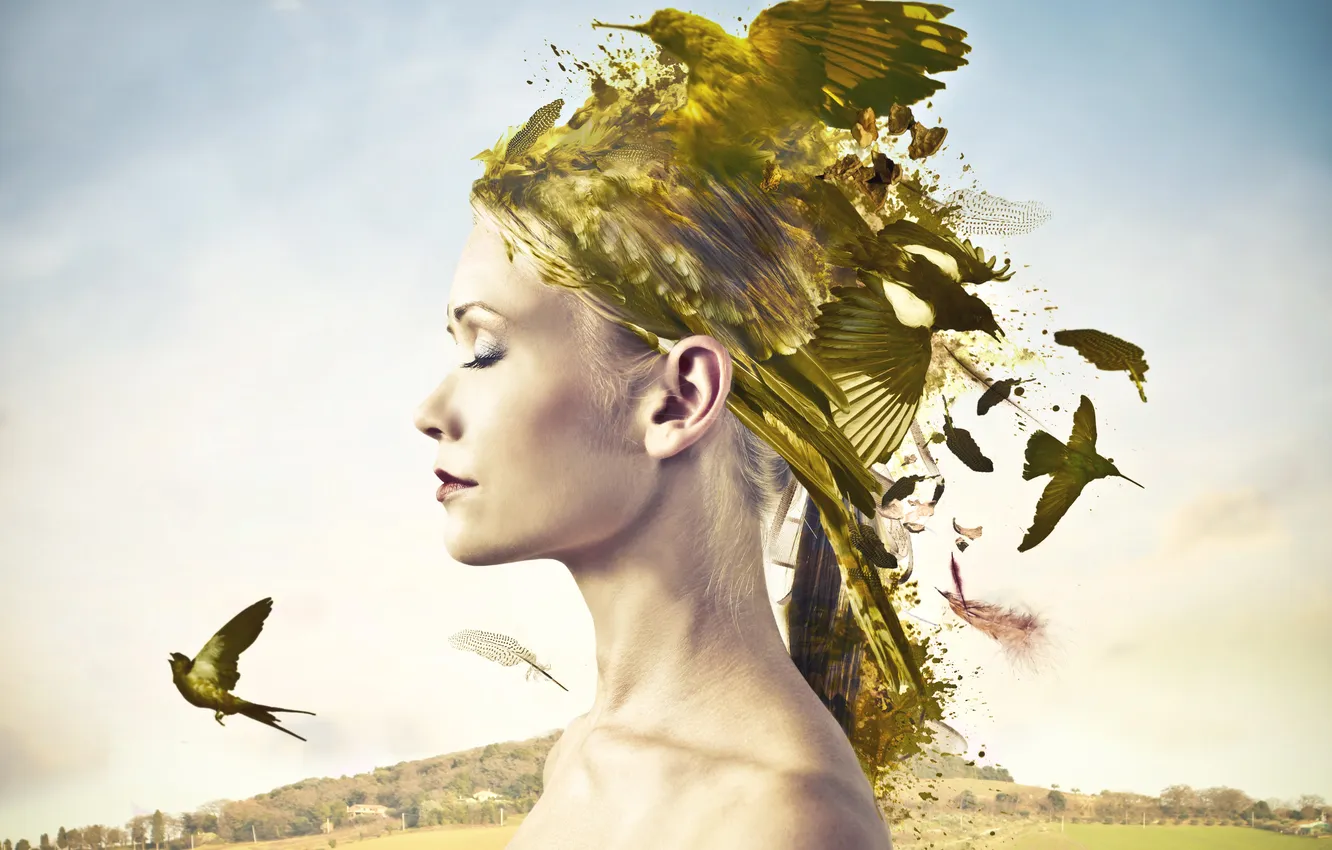 Photo wallpaper girl, creative, bird, profile