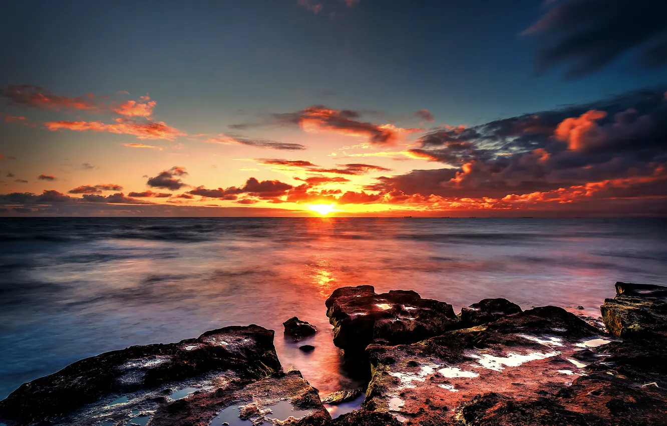 Photo wallpaper sea, the sun, clouds, sunset, stones, horizon