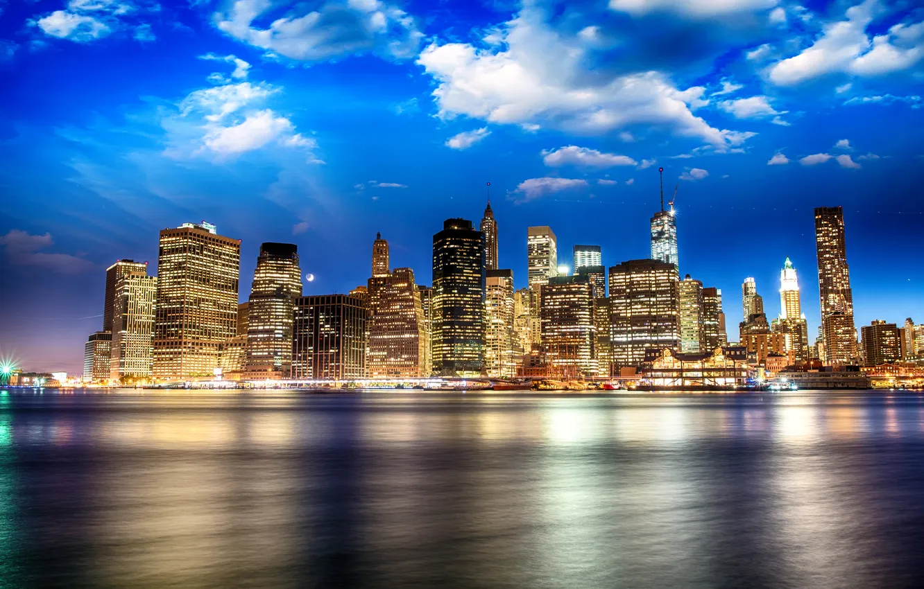 Photo wallpaper the sky, clouds, lights, river, home, New York, USA, promenade
