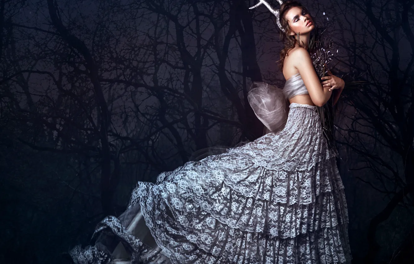 Photo wallpaper girl, trees, pose, style, mood, dress, horns, Bella Kotak