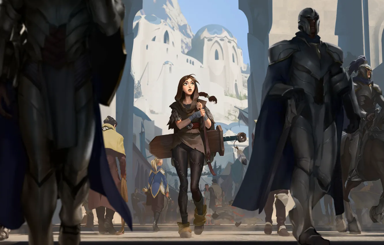 Photo wallpaper city, girl, sword, art, Riot Games, Arcane, riot, Demacia