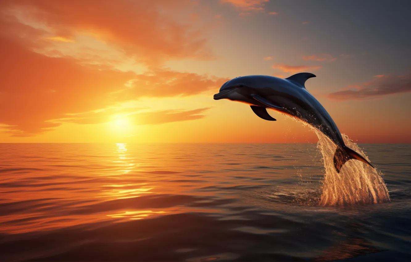 Photo wallpaper sea, the sun, dawn, jump, dolphins, digital art, AI art, The Art of Artificial Intelligence