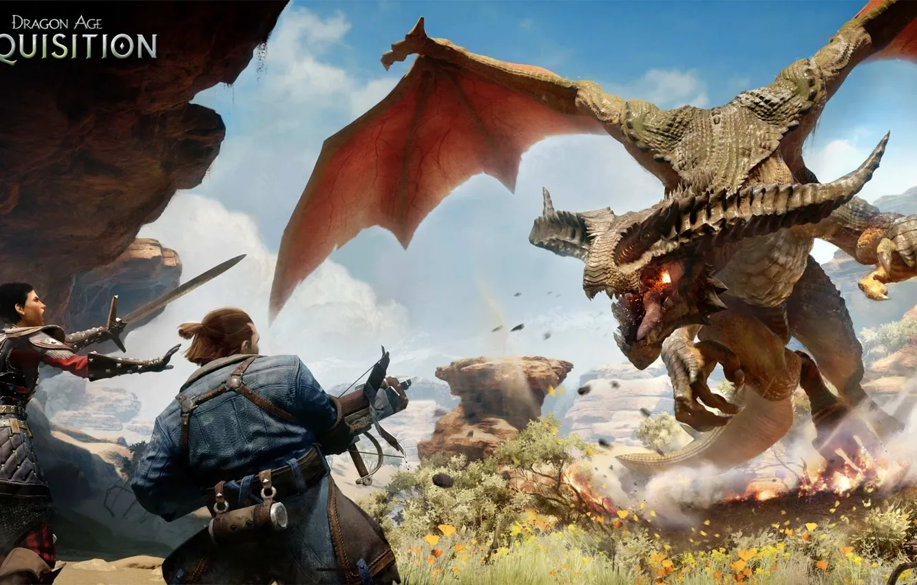 Photo wallpaper lights, weapons, rocks, dragon, sword, warrior, logo, logo