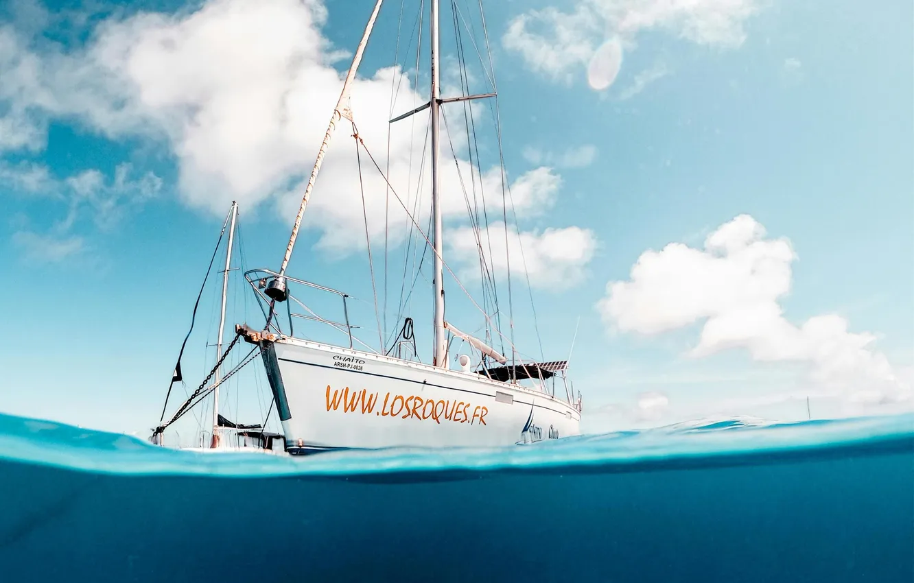 Photo wallpaper the sky, clouds, photo, mast, The Caribbean sea, at anchor, Turquoise water, tourist sailboats