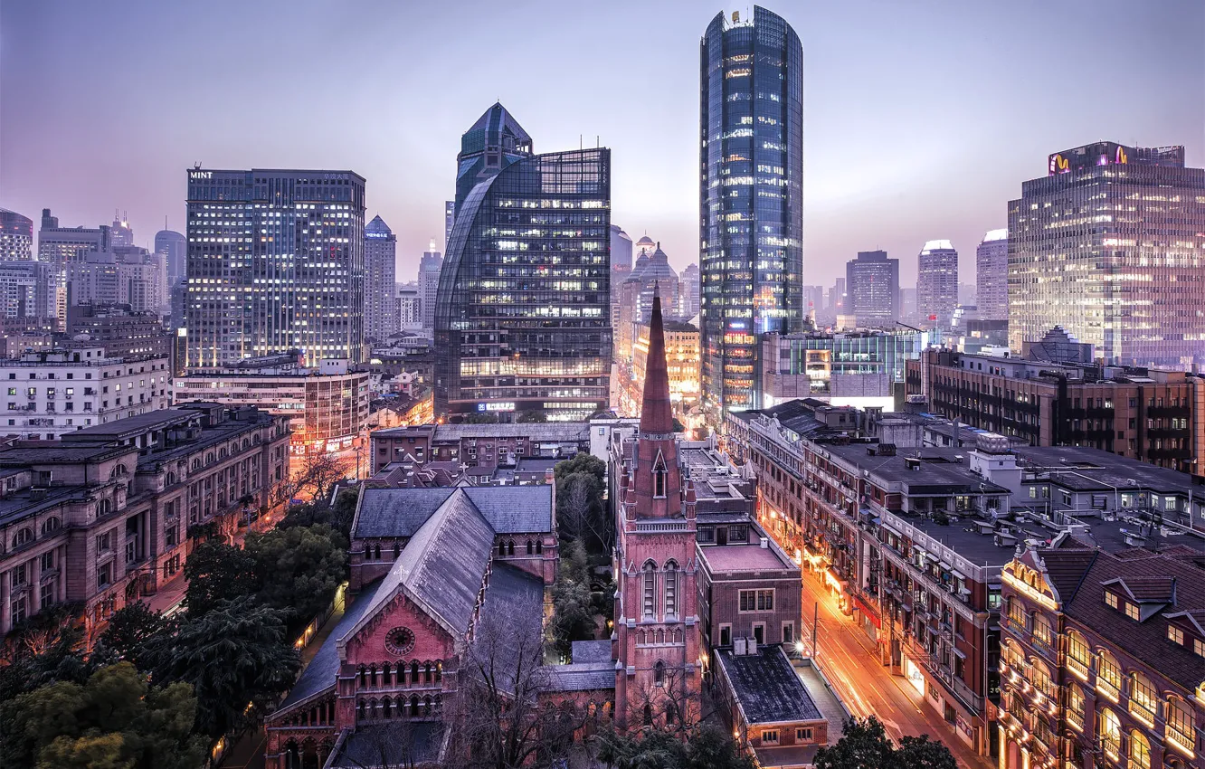 Photo wallpaper road, roof, light, trees, the city, lights, street, Asia