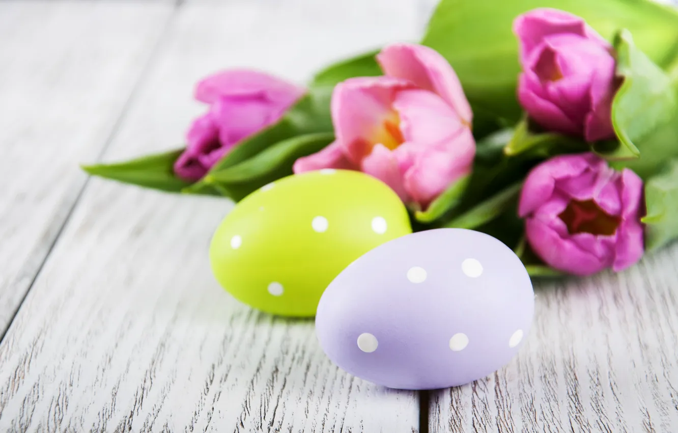 Photo wallpaper flowers, eggs, spring, colorful, Easter, tulips, happy, wood