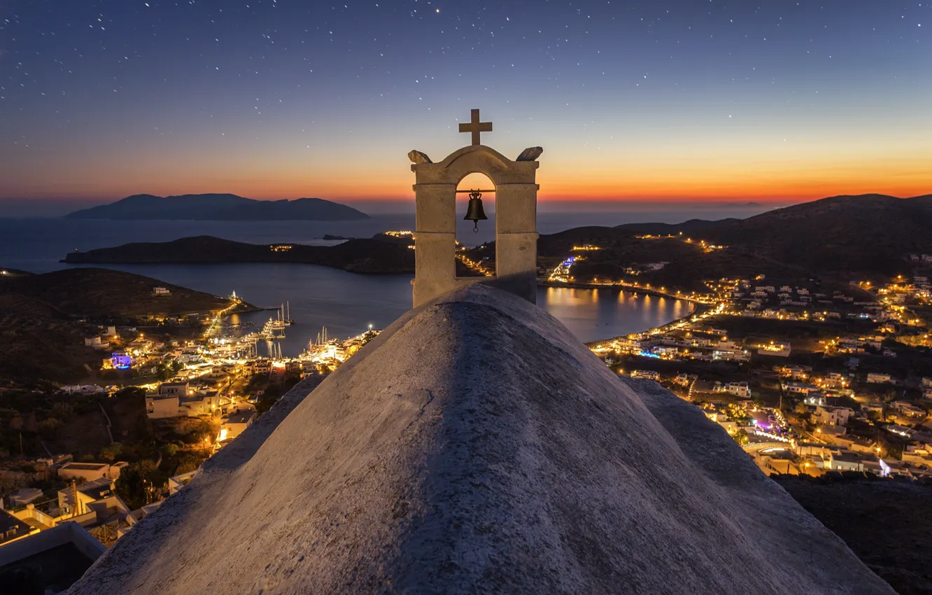 Photo wallpaper sea, the sky, stars, landscape, night, nature, island, cross