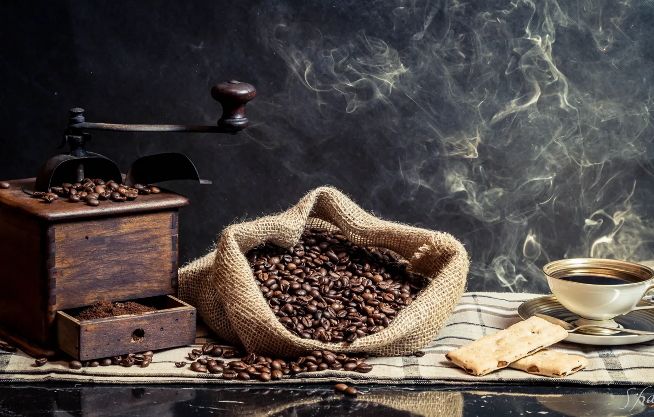 Photo wallpaper coffee, Cup, coffee beans, coffee grinder