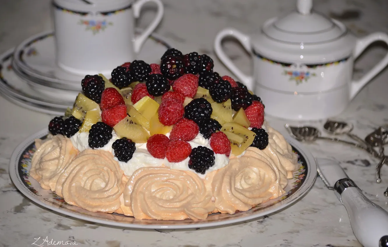 Photo wallpaper berries, cake, dessert, meringue, Pavlova