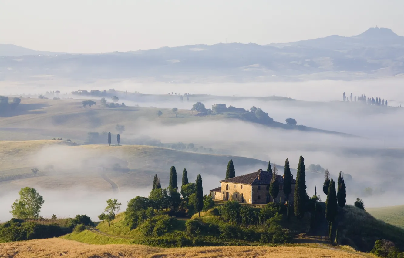 Photo wallpaper landscape, nature, fog, hills, field, home, morning, Toscana