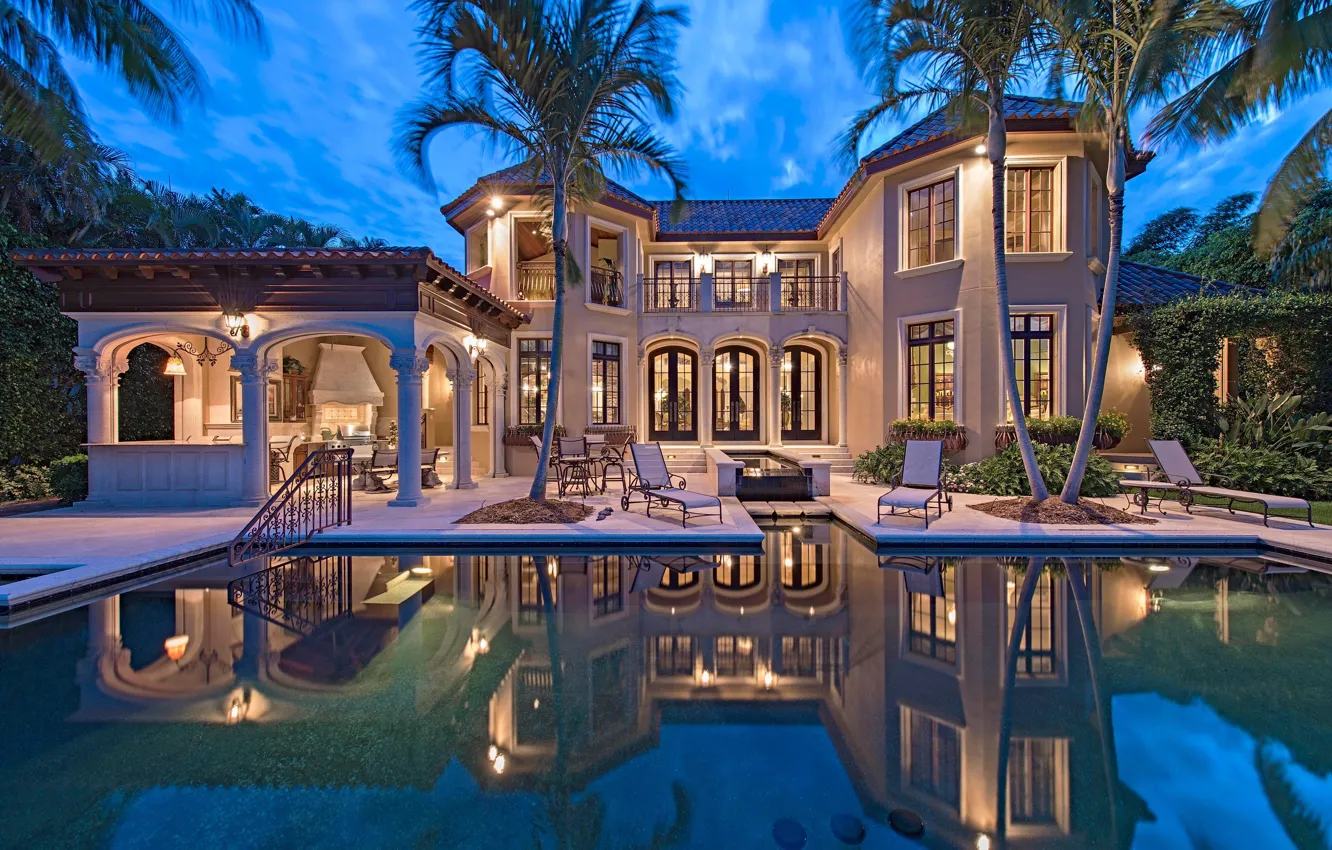 Photo wallpaper palm trees, Villa, the evening, pool, lighting, architecture, mansion, facade