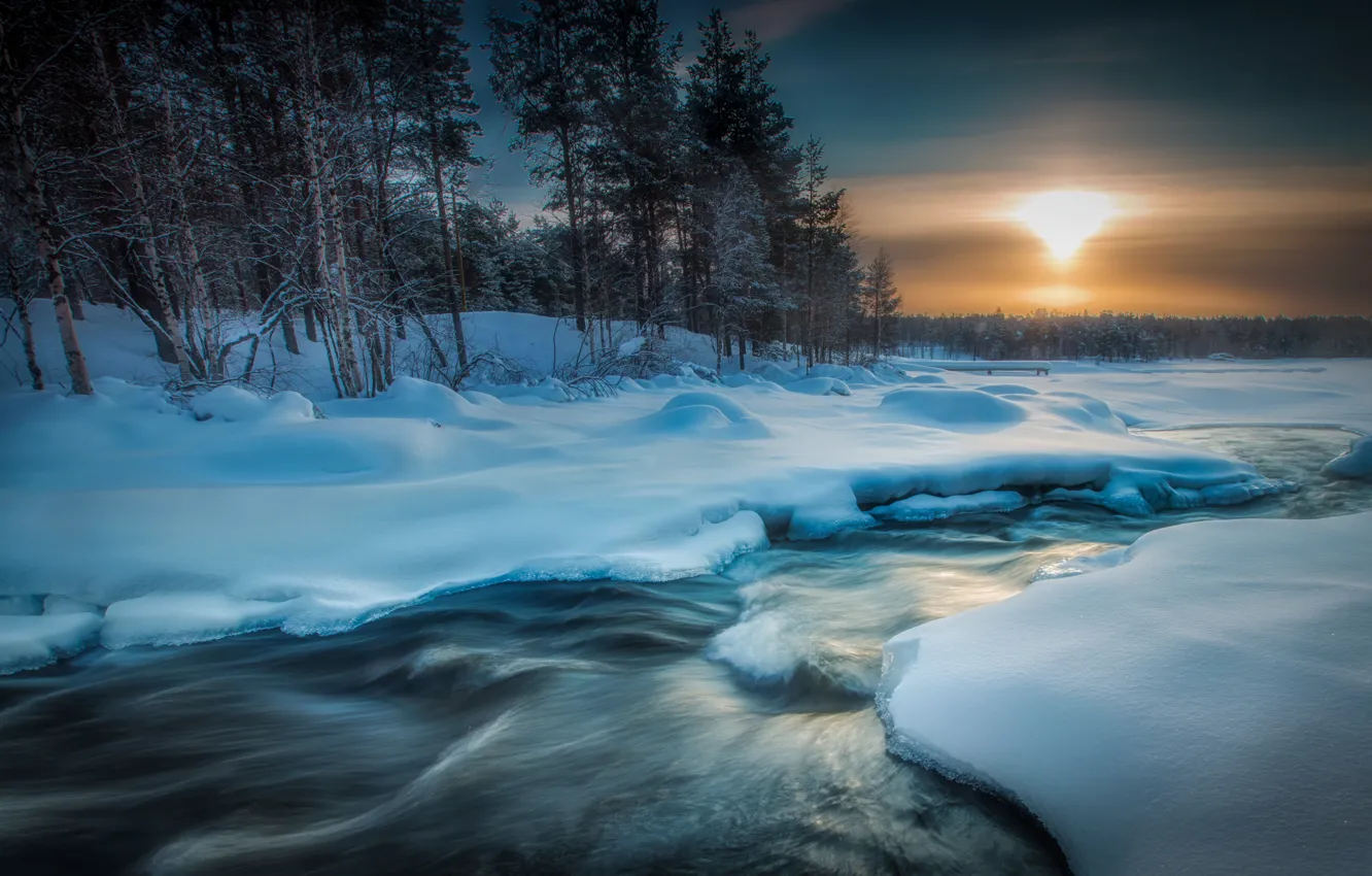 Photo wallpaper winter, forest, the sun, sunset, river, shore, for, stream