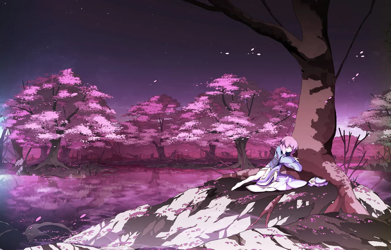 Photo wallpaper girl, trees, lake, Sakura, art, touhou, asakura masatoki, Saigyouji Yuyuko