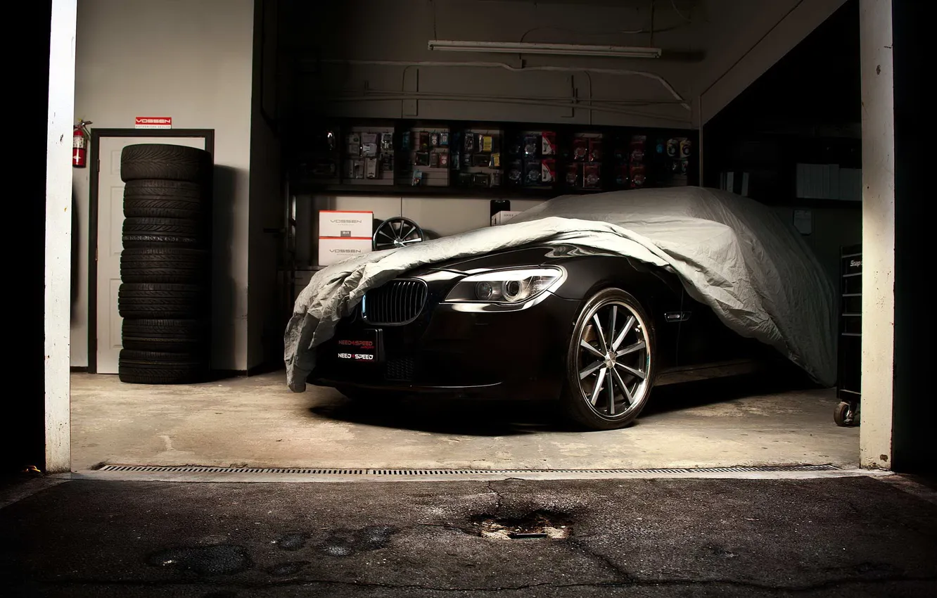 Photo wallpaper black, Garage, Vossen Wheels, BMW 7_series