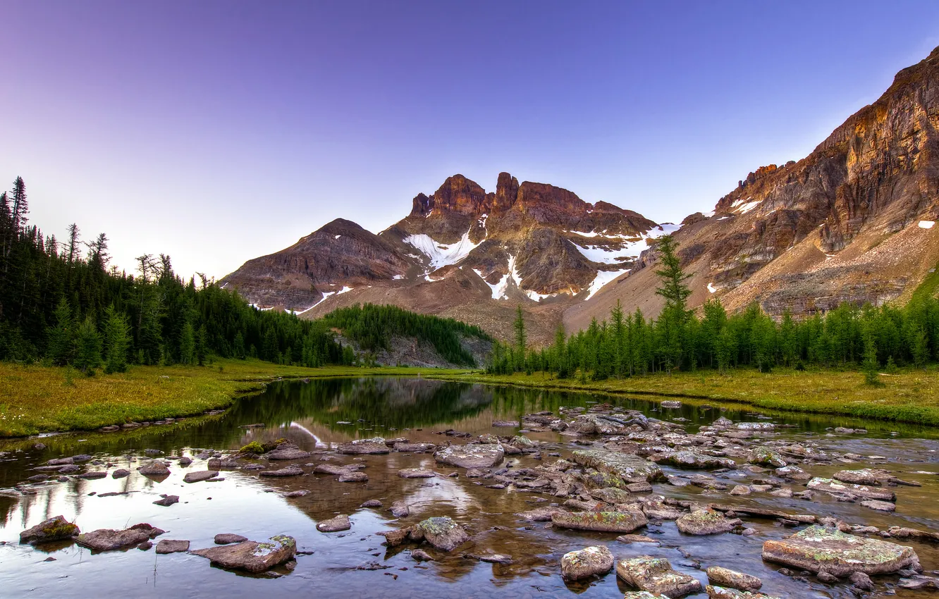 Photo wallpaper mountains, river, stones, the evening, ate, Canada, Canada