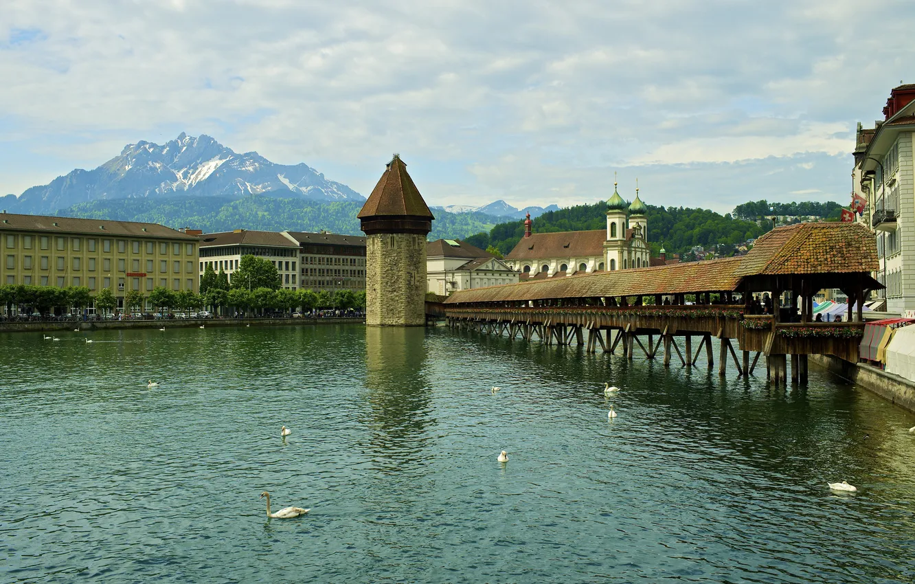 Photo wallpaper the sky, mountains, river, home, Switzerland, gallery, swans, Lucerne