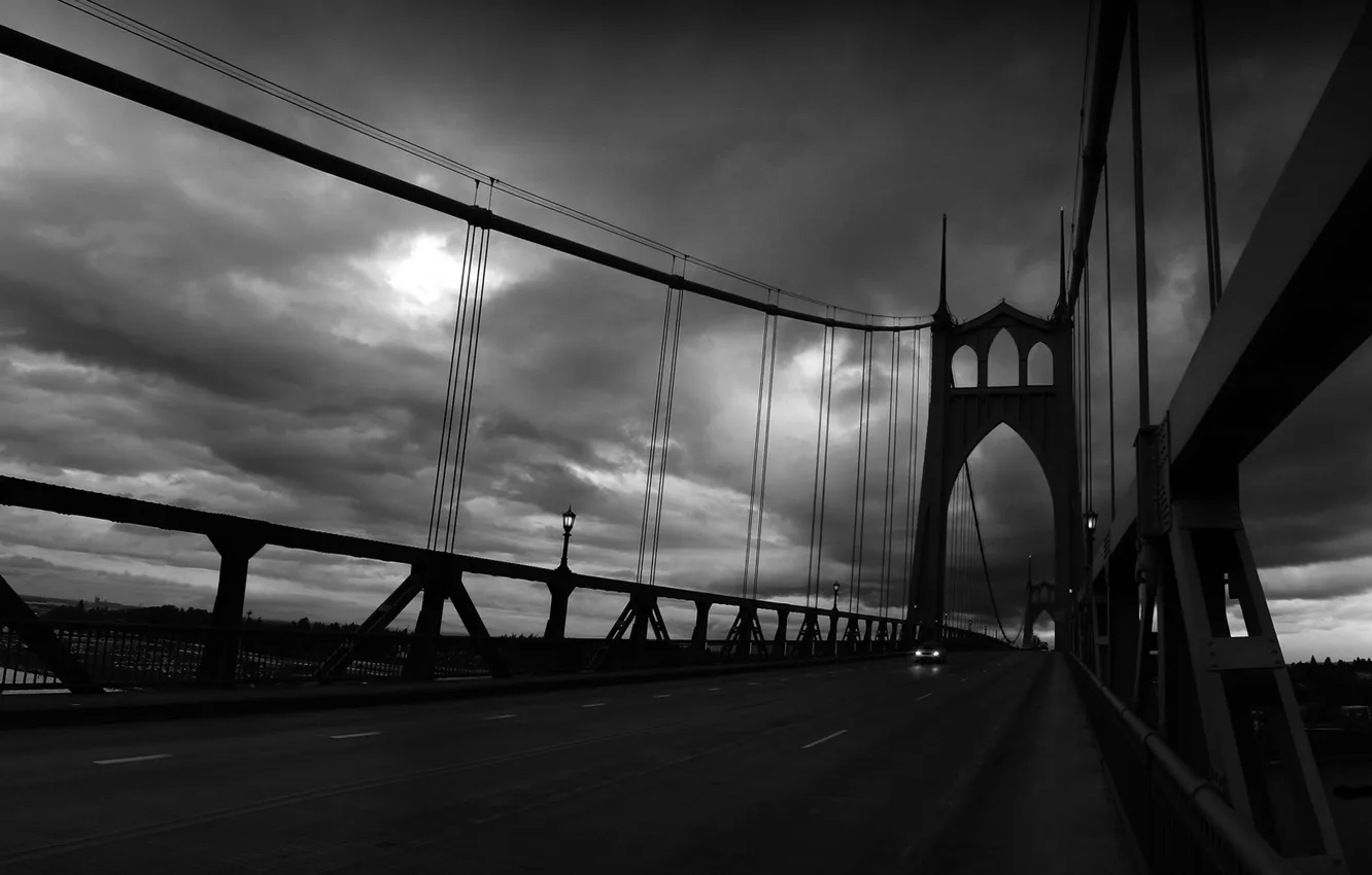 Photo wallpaper road, machine, the sky, clouds, bridge, overcast, mediocrity, black and white