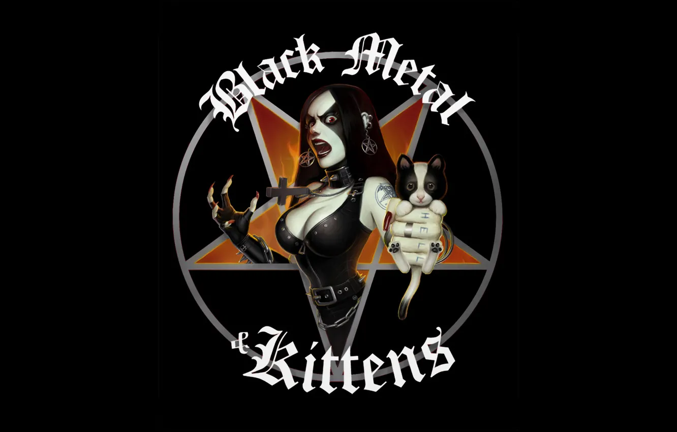 Photo wallpaper girl, tattoo, kitty, goth, Black metal and kittens