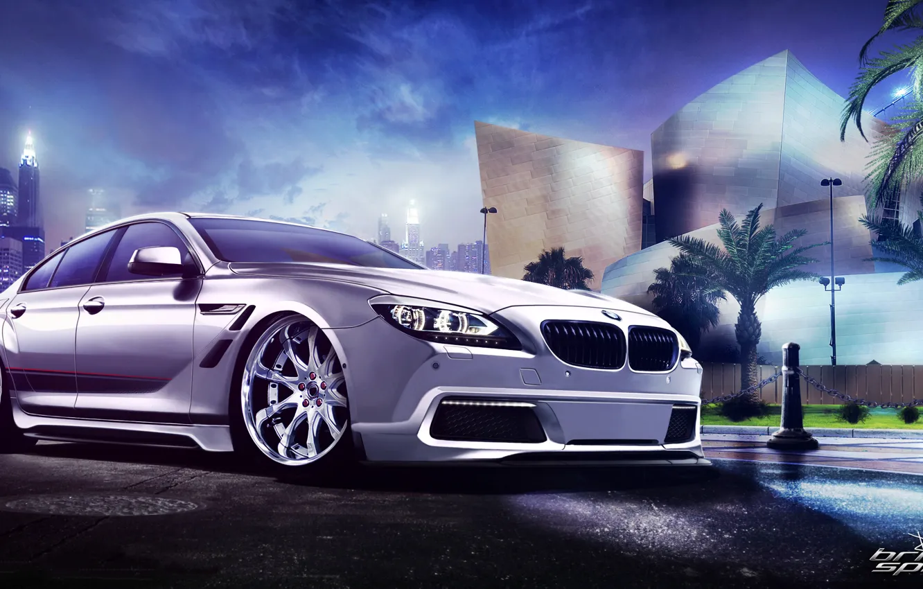 Photo wallpaper white, night, the city, palm trees, BMW, BMW, white, skyscrapers
