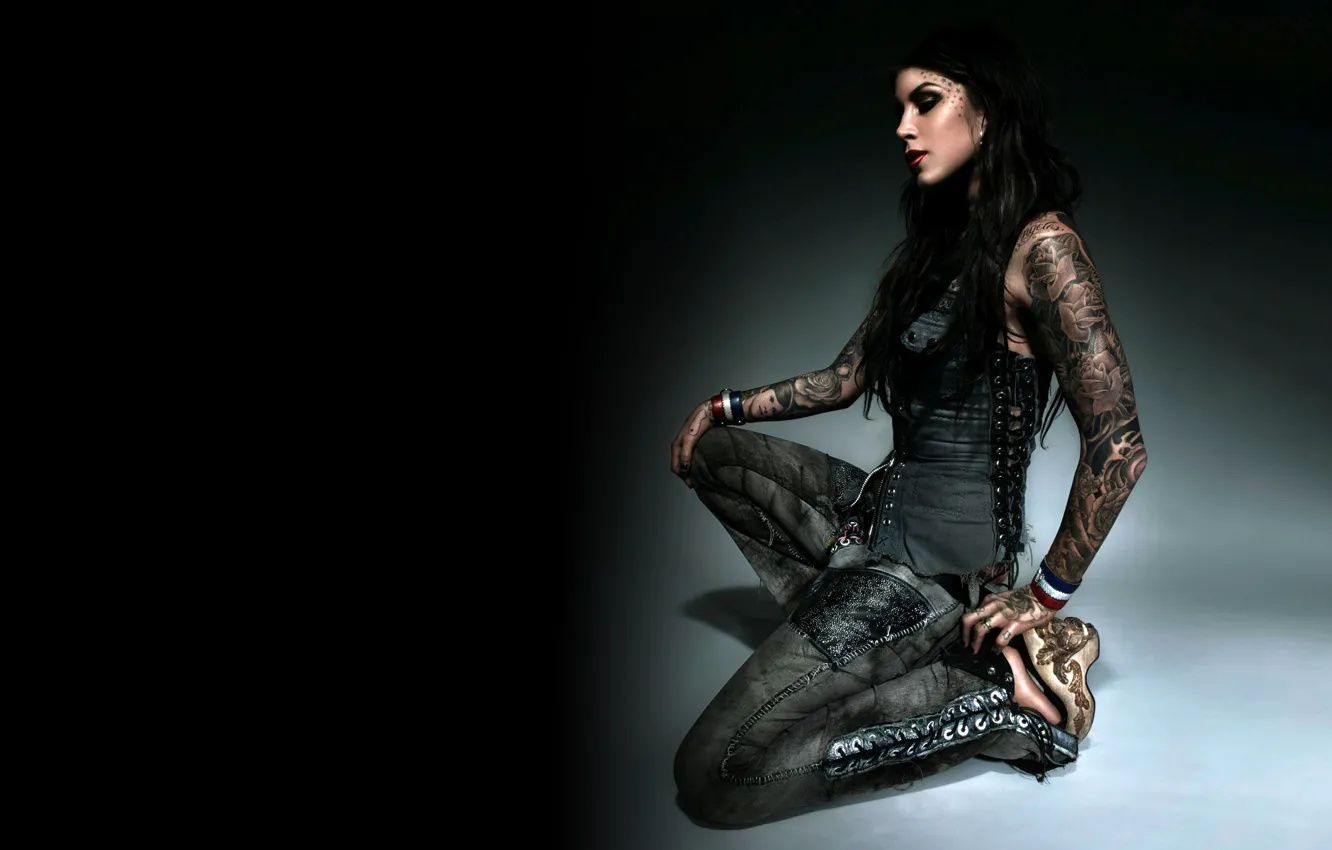 Photo wallpaper jeans, tattoo, corset, Brunette, grey background, lacing