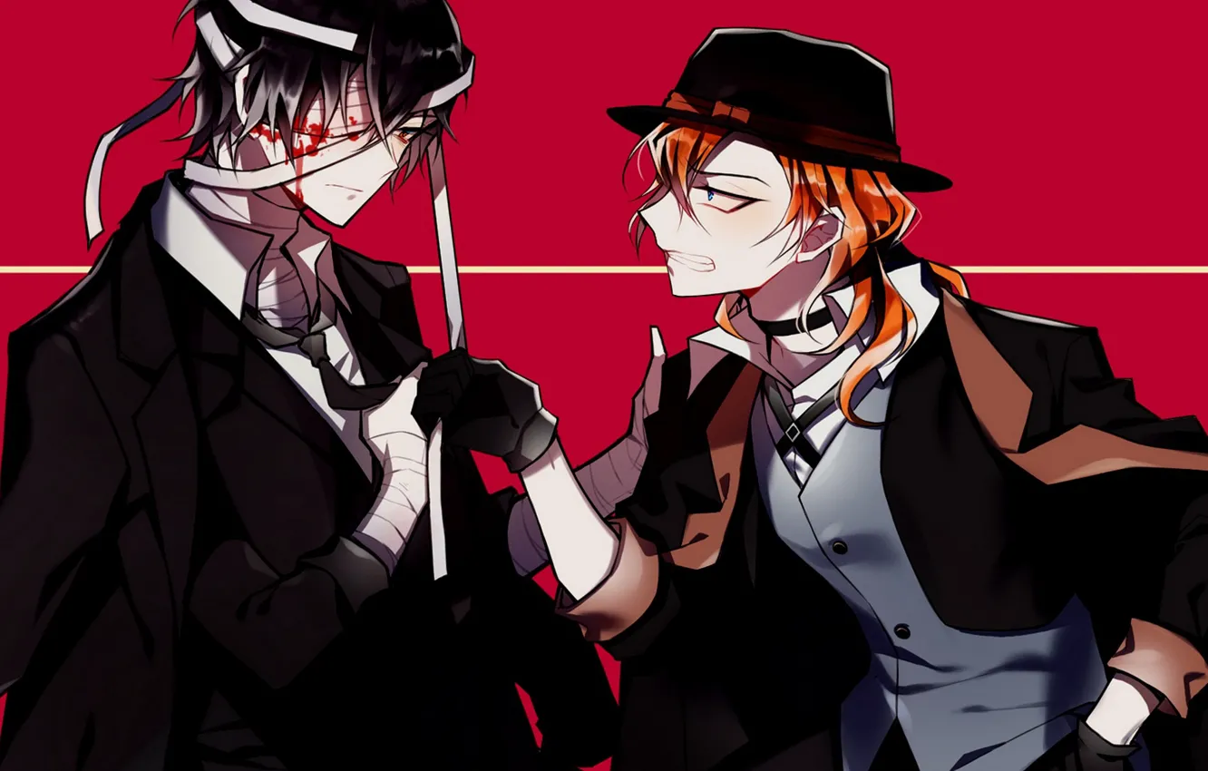 Photo wallpaper guys, two, red background, Bungou Stray Dogs, Stray Dogs: A Literary Genius