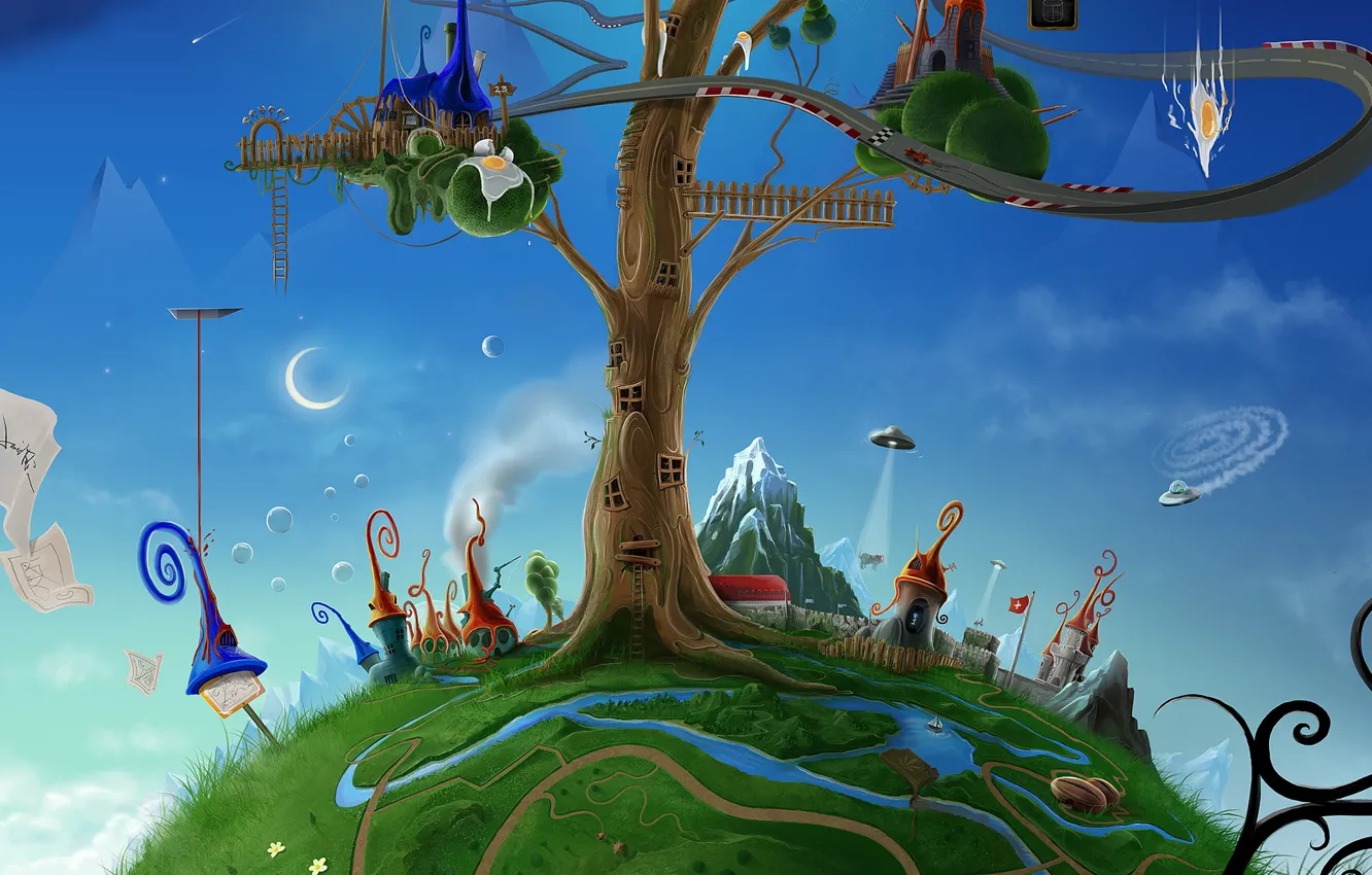 Photo wallpaper trees, ladder, UFO, a month, house, David Fuhrer