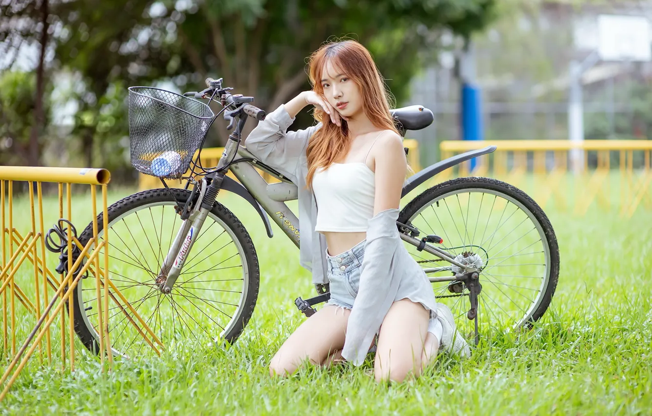 Photo wallpaper girl, bike, Asian