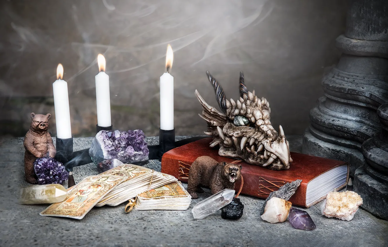 Photo wallpaper card, dragon, candles, book, still life, Tarot