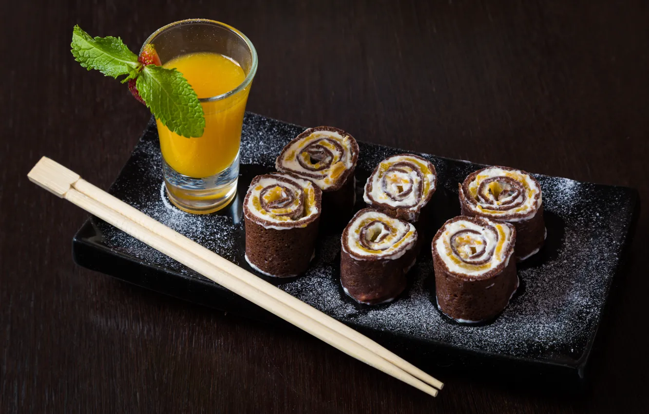 Photo wallpaper sticks, juice, plate, glass, cake, fruit, rolls, chocolate
