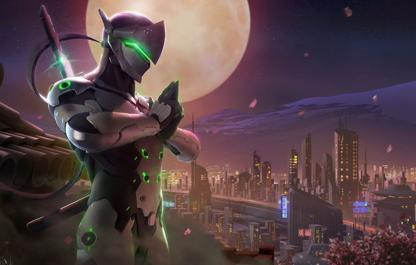 Photo wallpaper night, the city, the moon, sword, warrior, art, Overwatch, Genji
