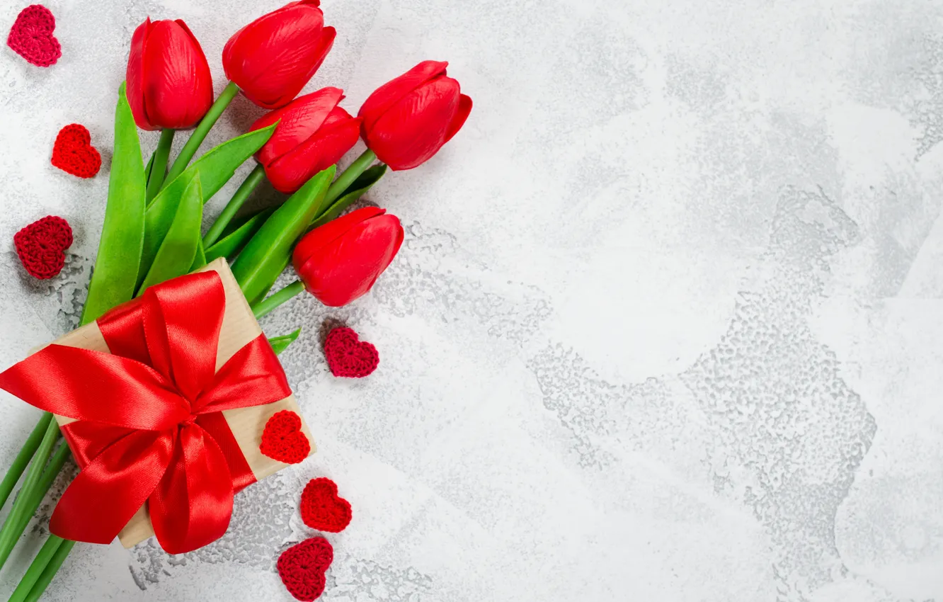 Photo wallpaper love, flowers, gift, bouquet, tape, tulips, red, red