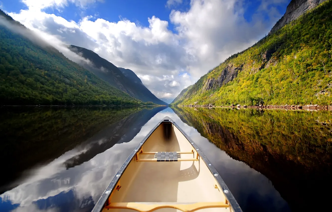 Photo wallpaper mountains, lake, reflection, Boat