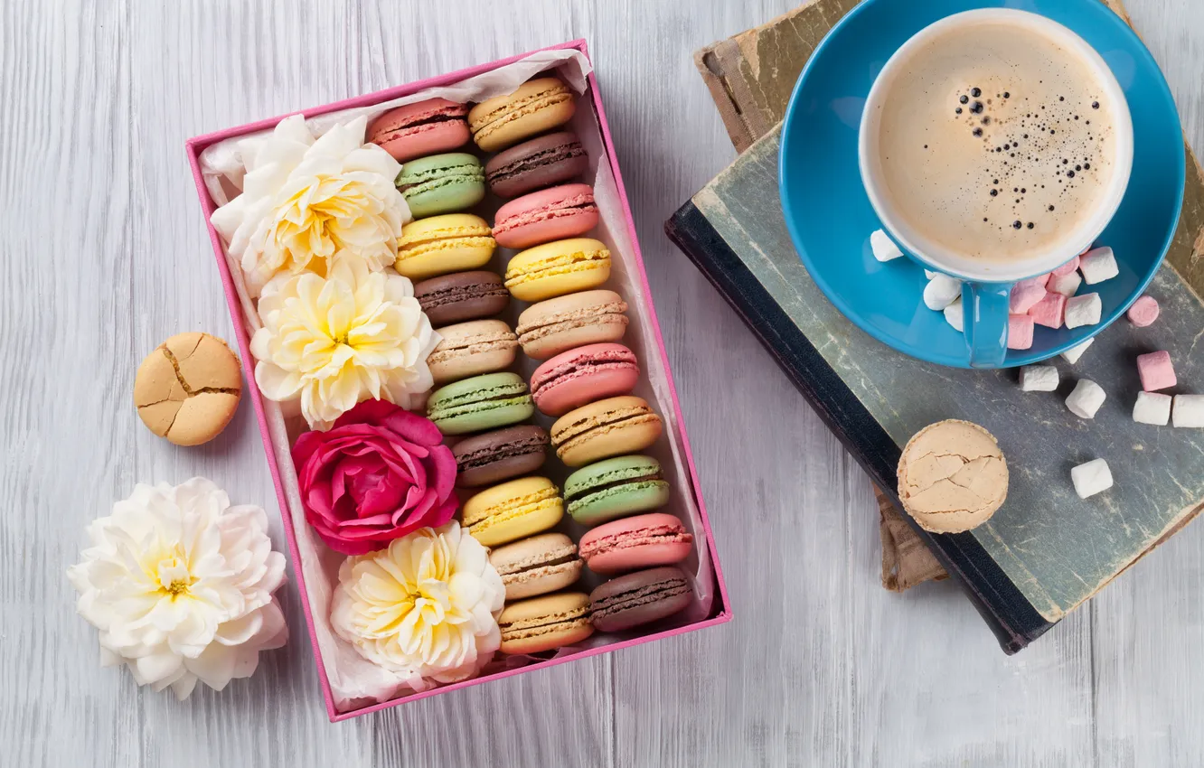 Photo wallpaper flowers, gift, wood, pink, flowers, coffee cup, macarons, a Cup of coffee