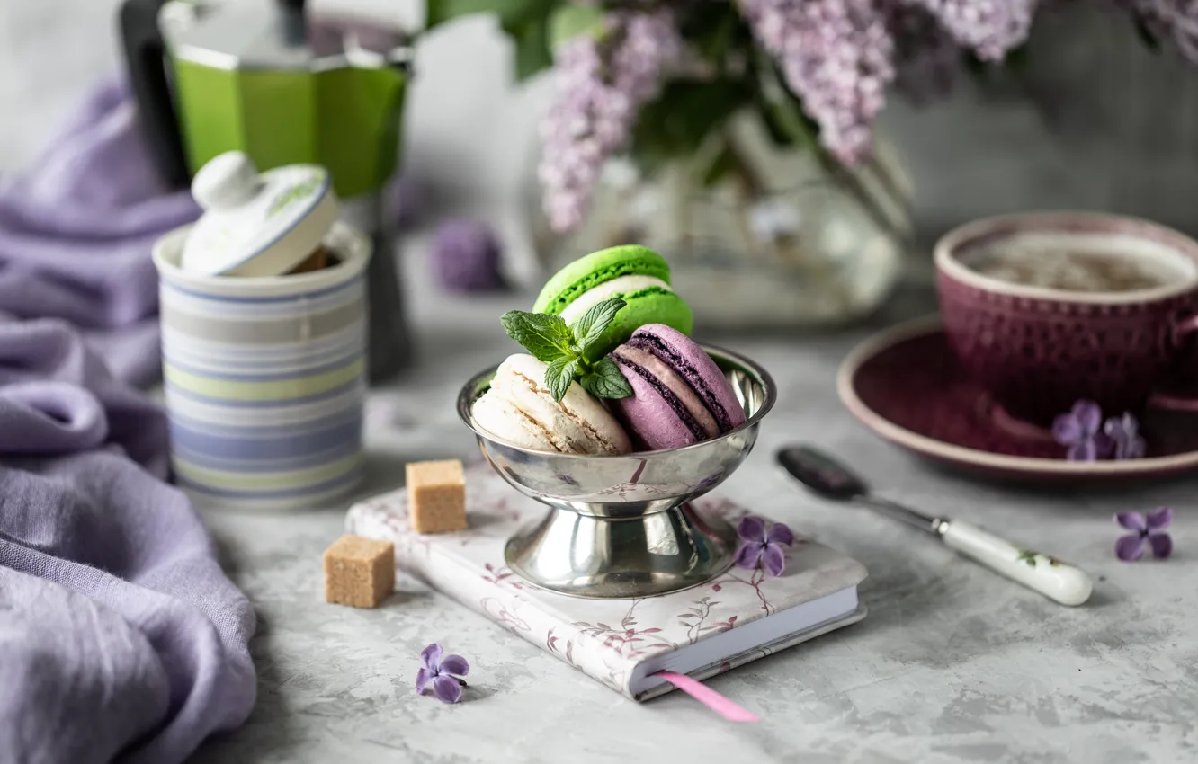 Photo wallpaper coffee, cookies, Cup, lilac, almond, Karina Klachuk
