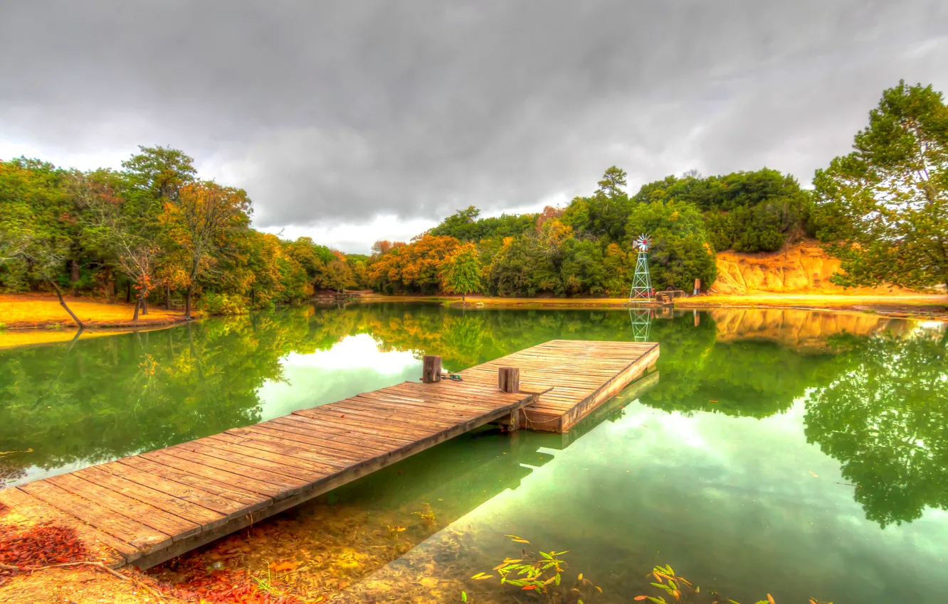 Photo wallpaper autumn, water, trees, pond, Park, reflection, pier
