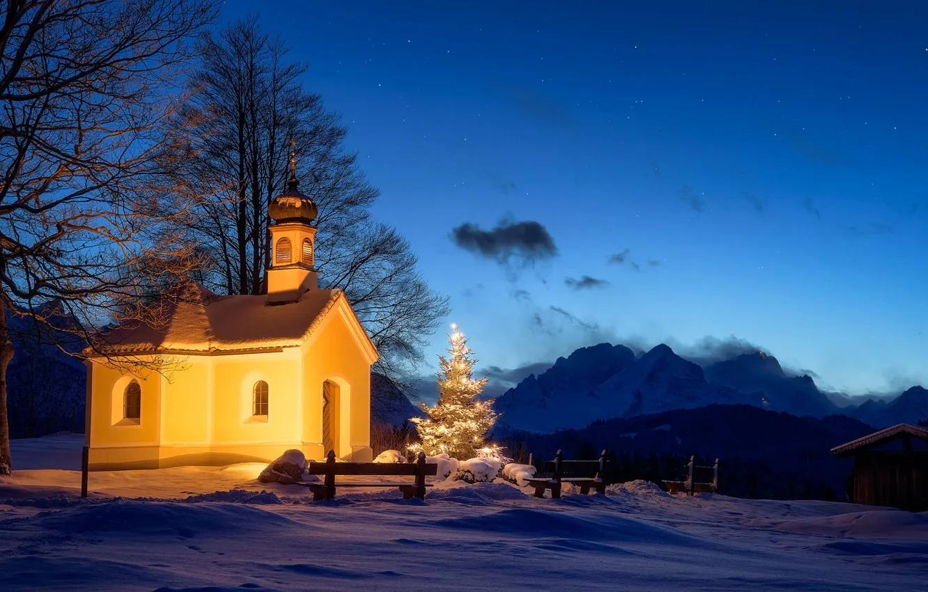 Photo wallpaper winter, snow, landscape, mountains, night, nature, Germany, lighting