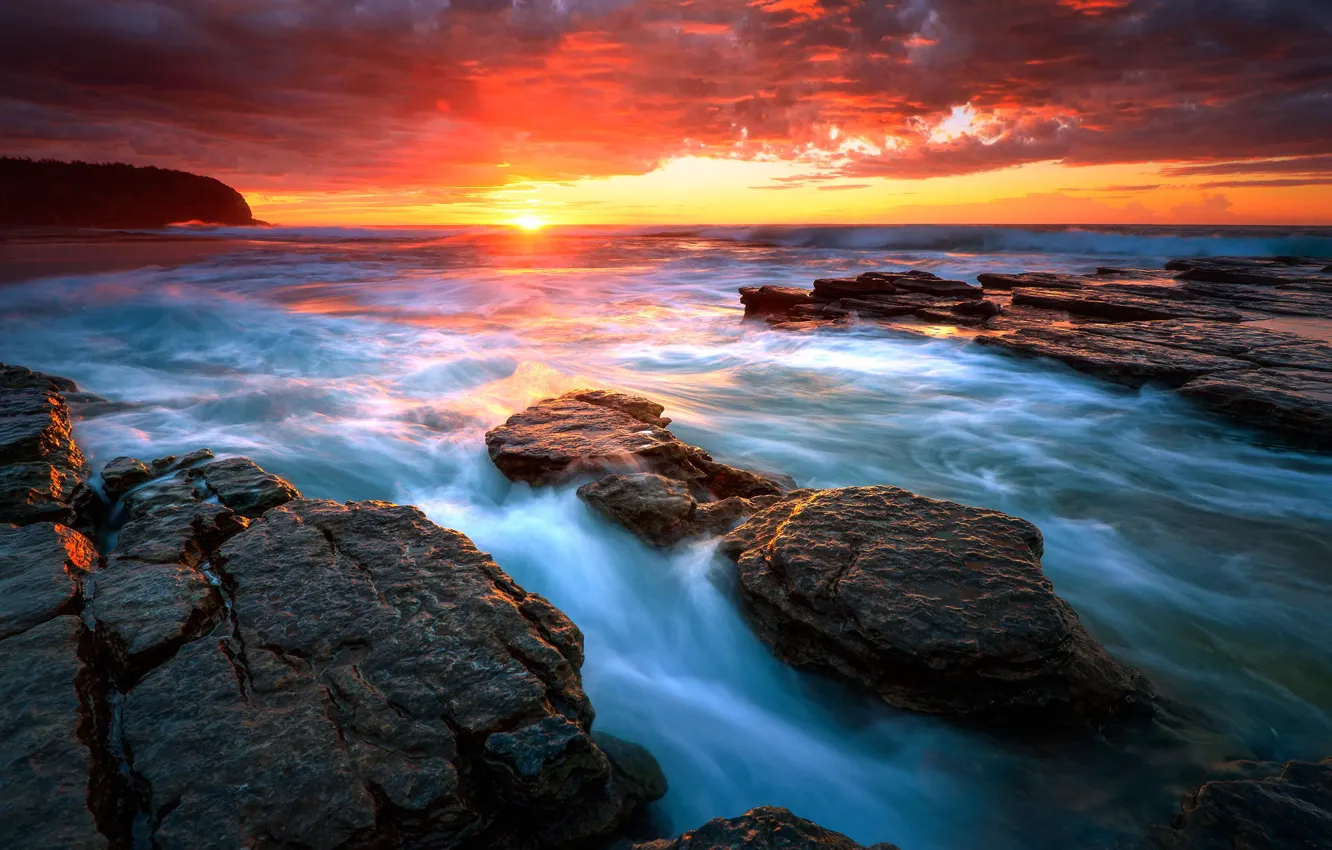 Photo wallpaper sea, water, the sun, sunrise, rocks, beach, sea, water