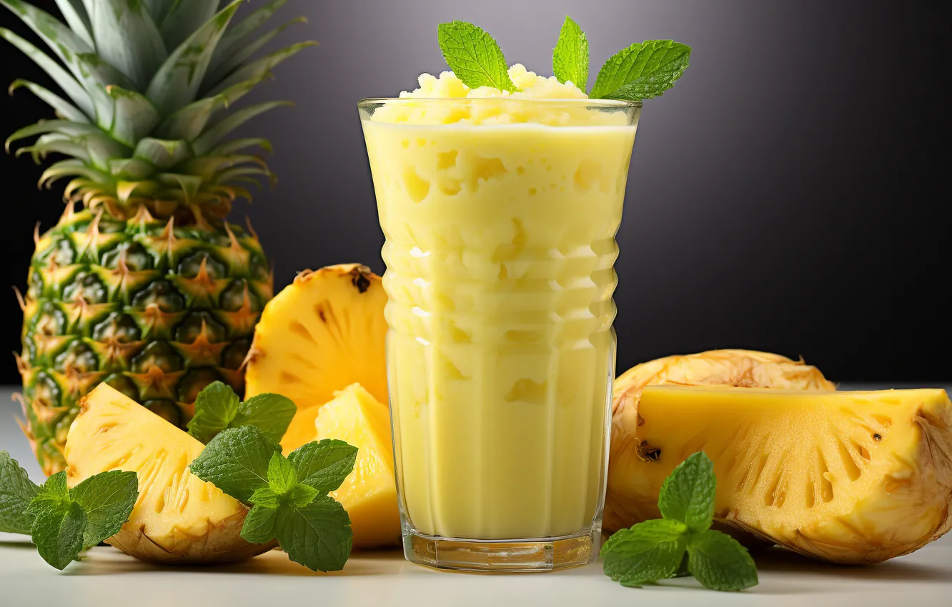 Photo wallpaper leaves, glass, table, the flesh, pineapple, grey background, mint, dessert