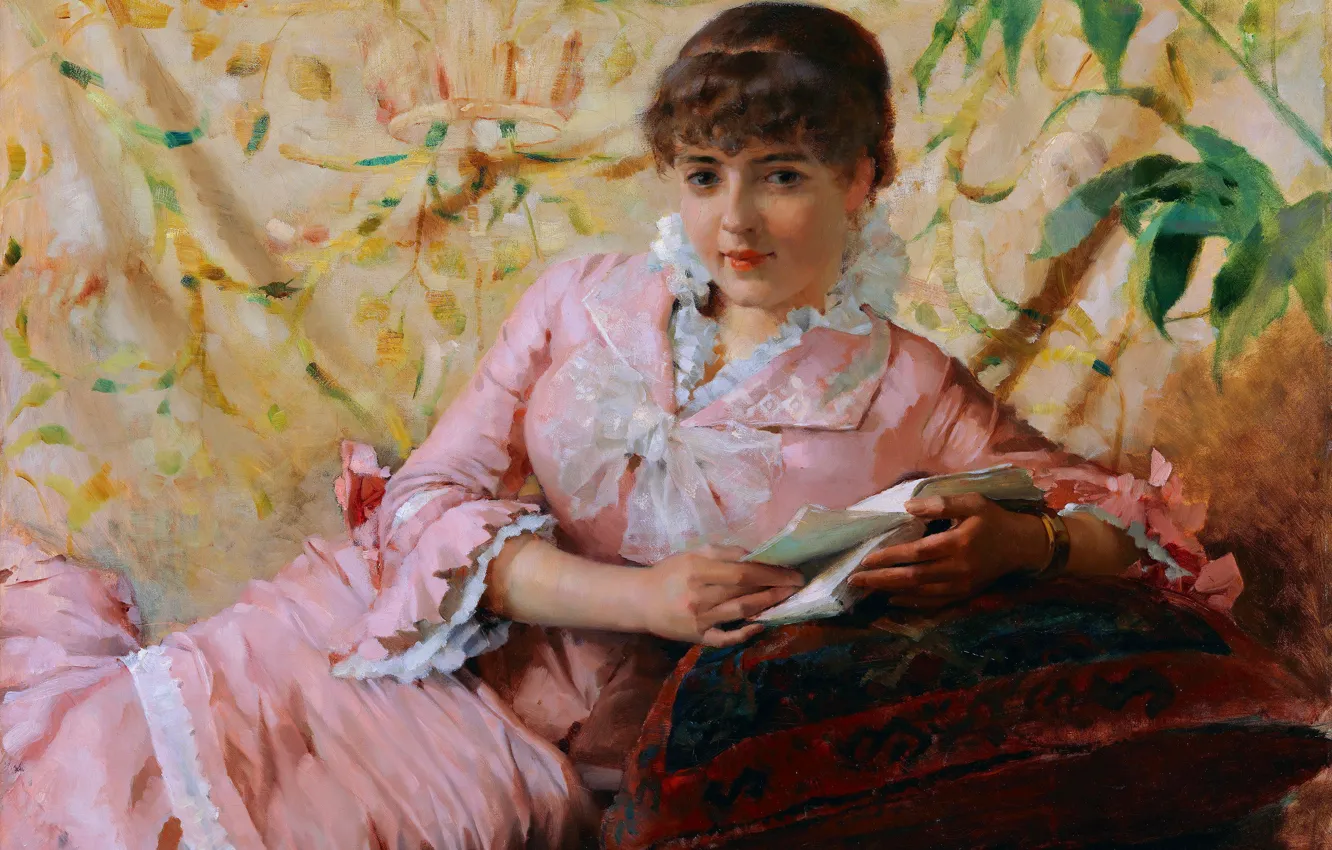 Photo wallpaper girl, picture, dress, book, Albert Edelfelt, Albert Gustaf Aristides Edelfelt, Albert Edelfelt, Finnish painter