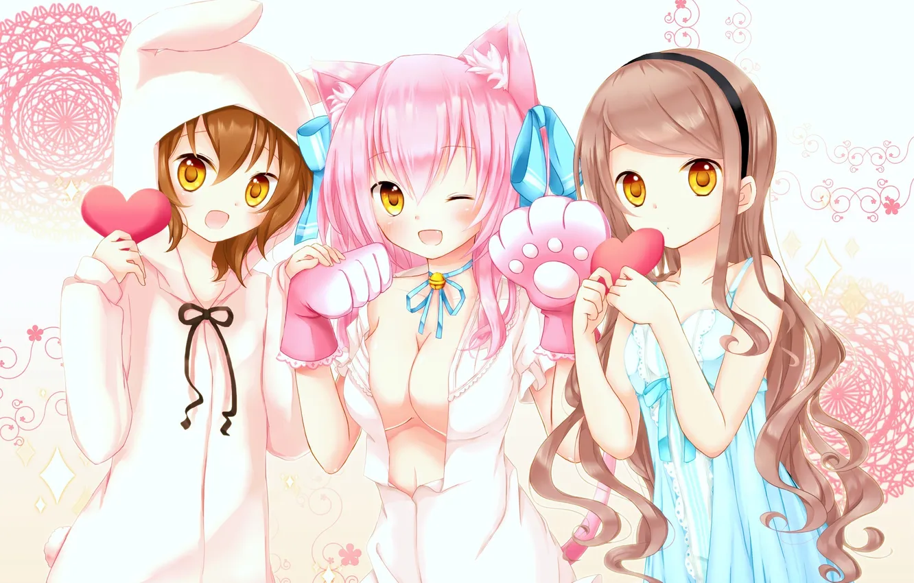 Photo wallpaper cat, chest, girl, legs, anime, rabbit, costume, hearts