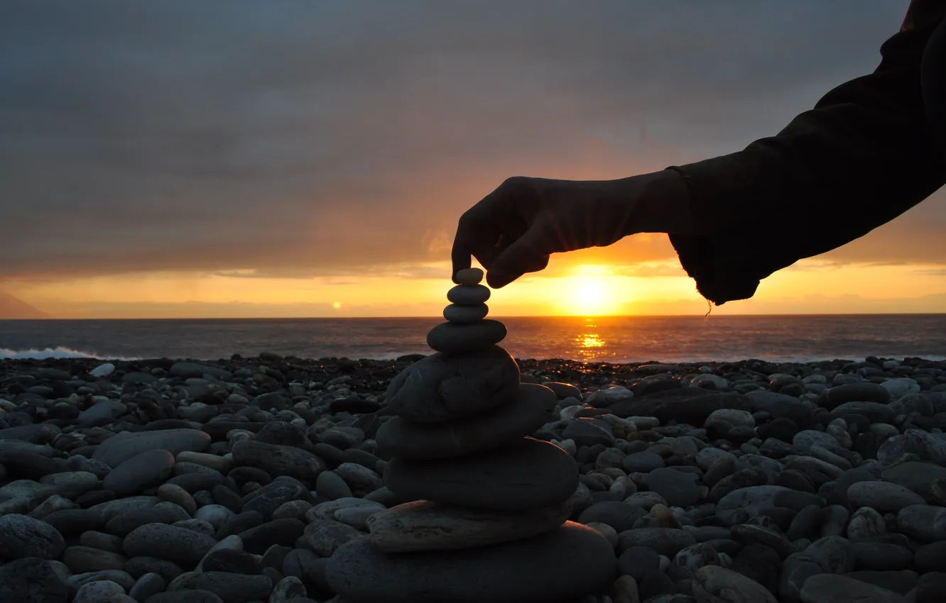 Photo wallpaper the sky, the sun, clouds, landscape, sunset, stones, coast, the evening