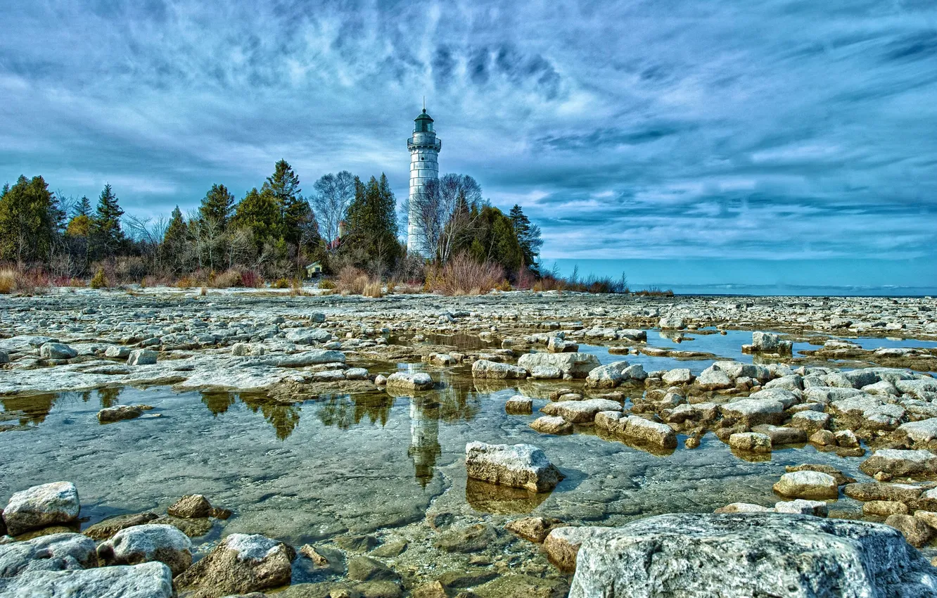Photo wallpaper FOREST, STONES, WATER, HORIZON, The SKY, CLOUDS, REFLECTION, LIGHTHOUSE