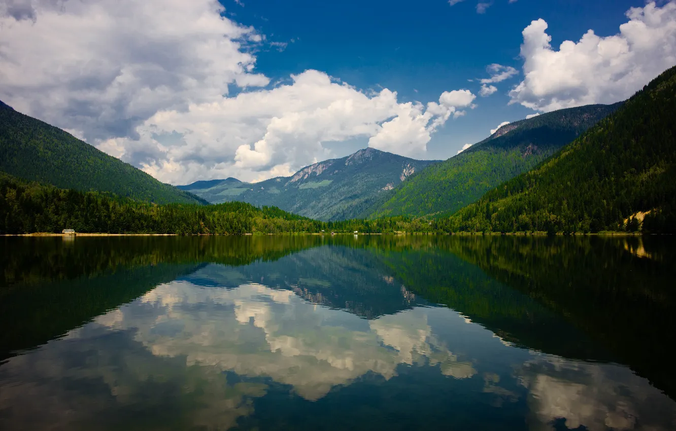 Photo wallpaper the sky, clouds, mountains, lake, reflection, mirror, hut