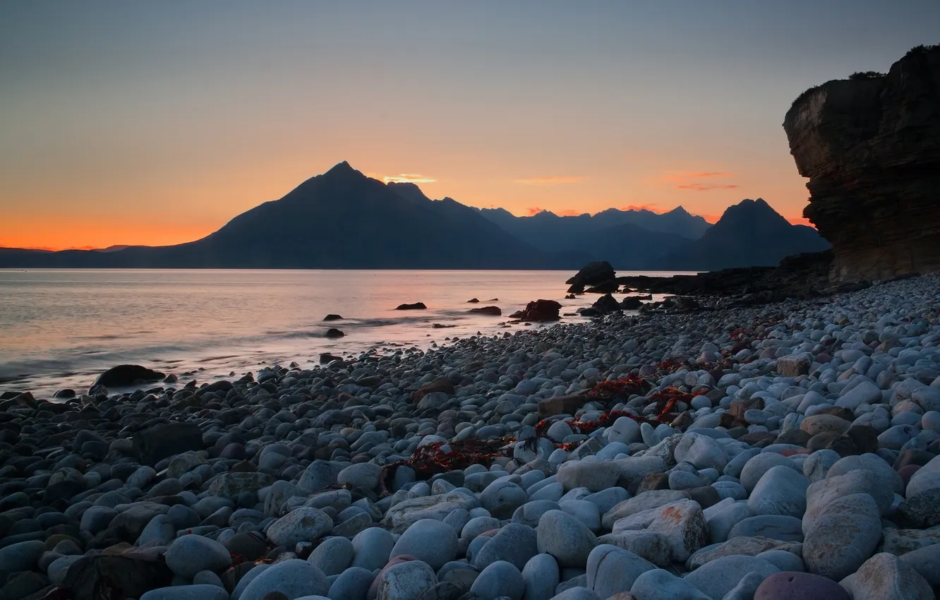 Photo wallpaper beach, mountains, the ocean, dawn, morning