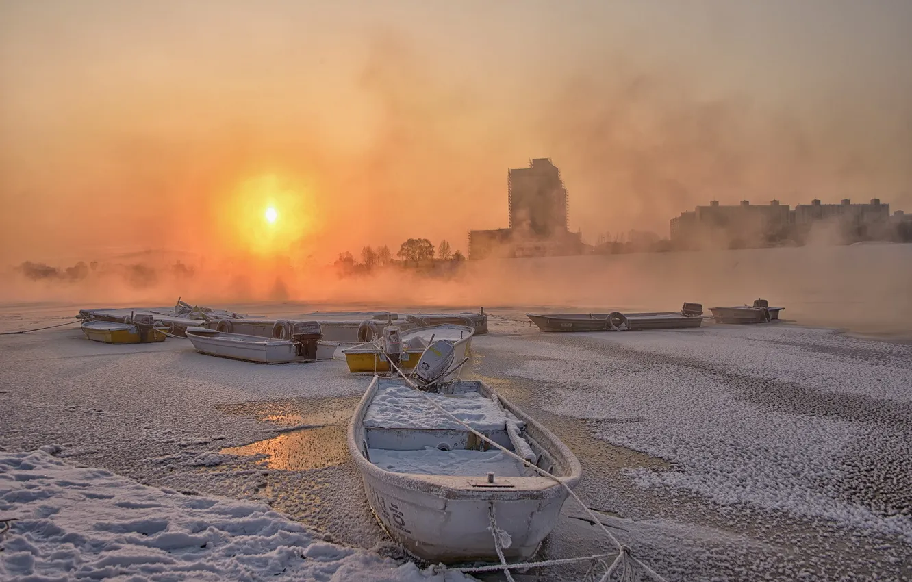 Photo wallpaper winter, sunset, the city, river, boat