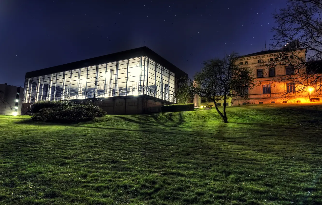 Photo wallpaper grass, stars, landscape, night, building, home